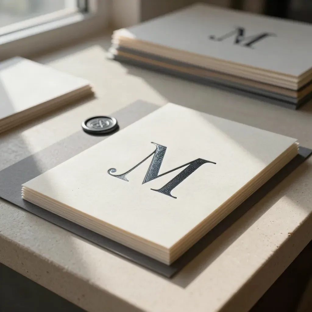 Monogramma logo in lamina scura su cartoncini avorio con sigillo cerato.