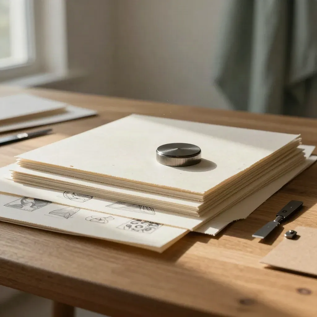 Atelier di brand identity con tavole avorio, mockup packaging e sigillo metallico su tavolo in legno.