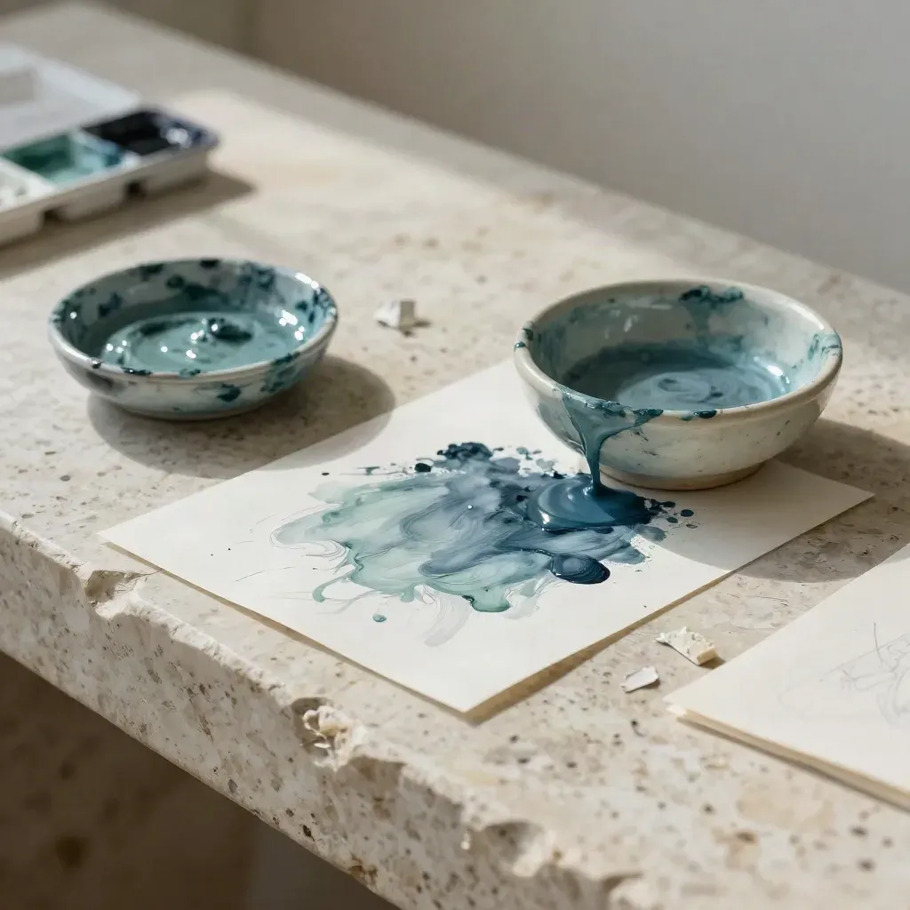 Illustrazioni custom con velatura d’inchiostro e pigmenti su banco di pietra travertino.