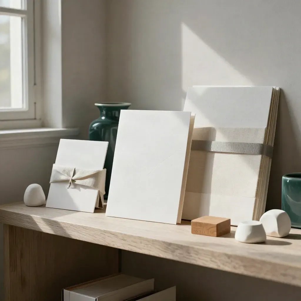 Mensola atelier ordinata con inviti coordinati, campioni tessili e packaging su supporti chiari