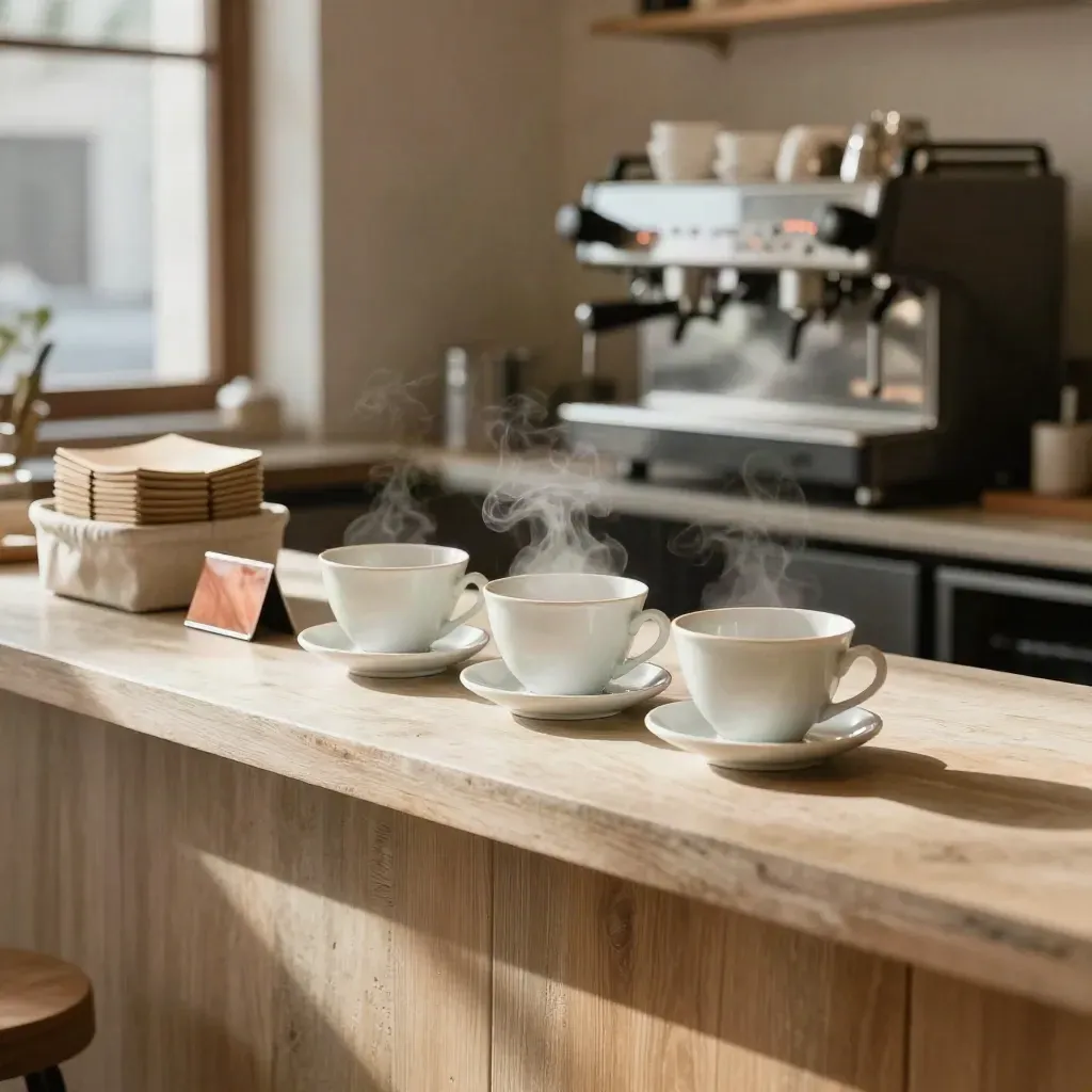 Bancone di caffè rifinito con tazzine allineate e vapore caldo, in luce pomeridiana.
