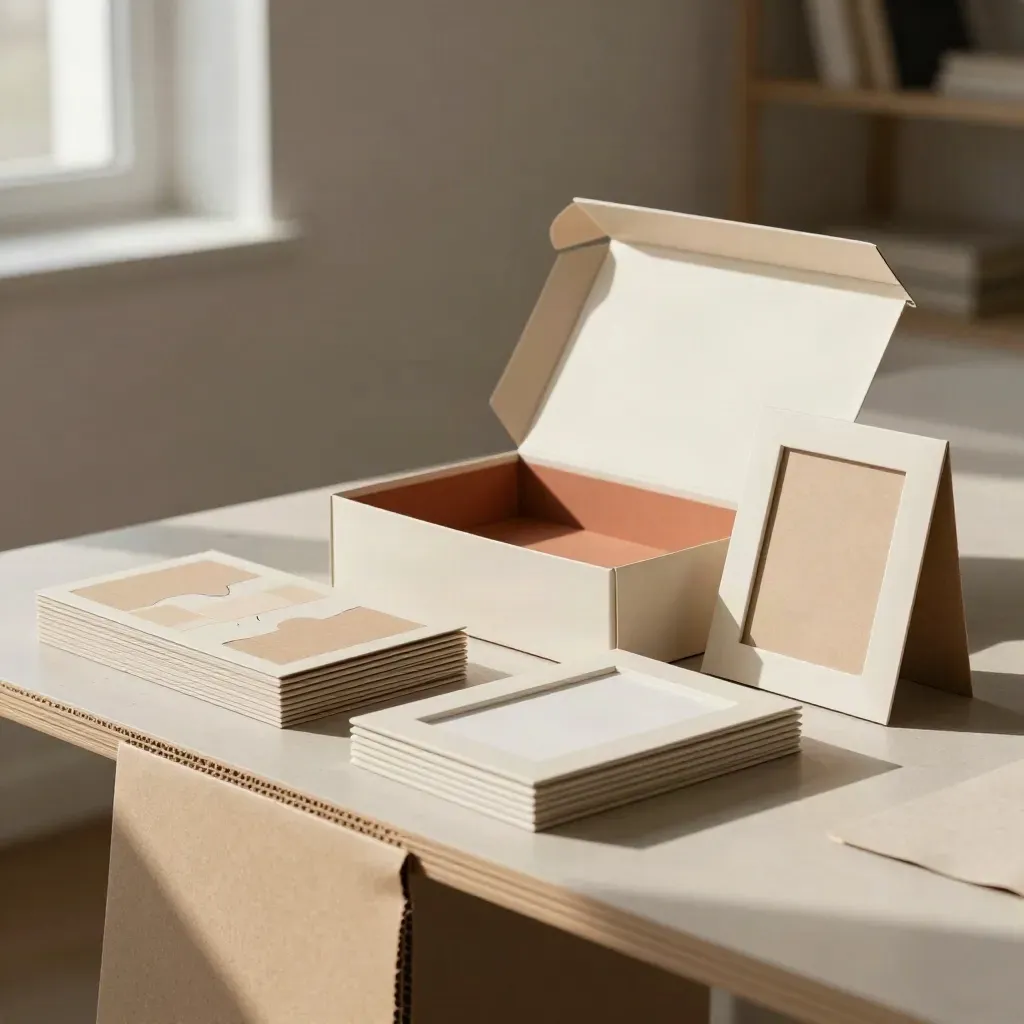 Mockup packaging con inserti interni e fustelle piegate su banco neutro, luce naturale.