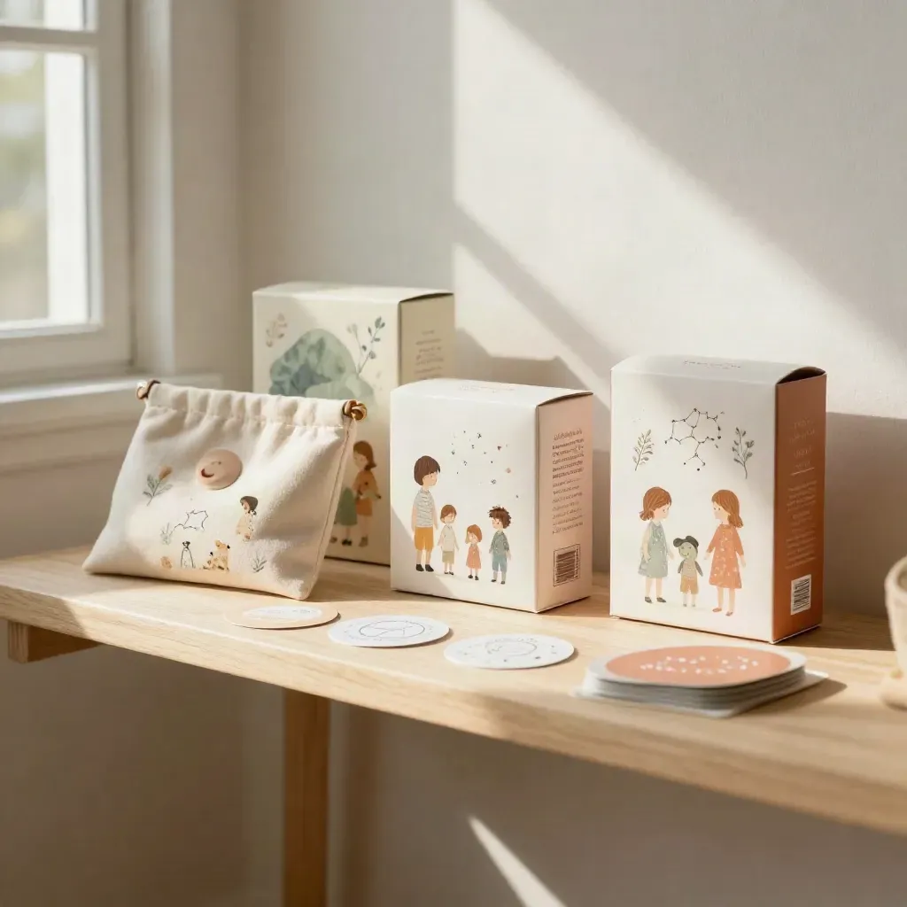 Scatole, pouch ed etichette per bambini su mensola chiara, luce calda e delicata.