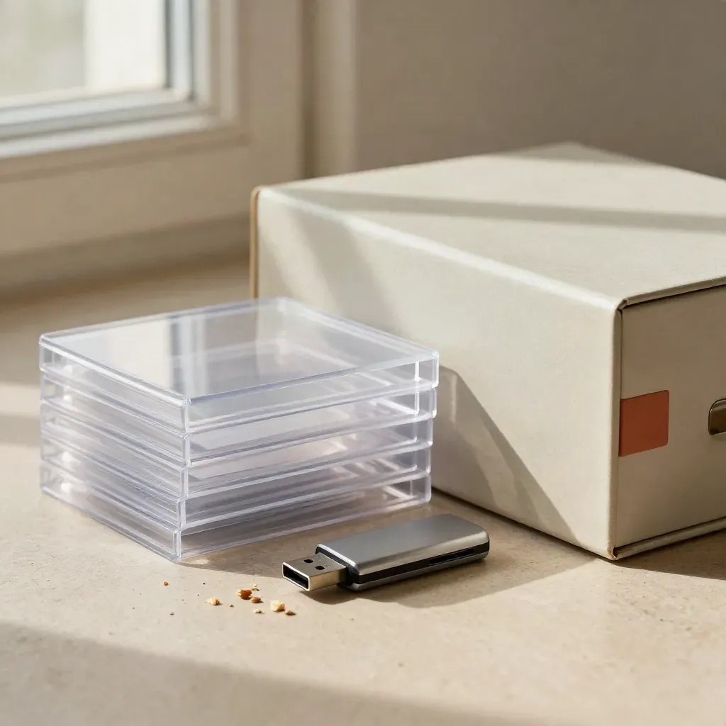 Sleeve trasparenti, file box sigillato, chiavetta USB e briciole di gomma su pietra chiara.