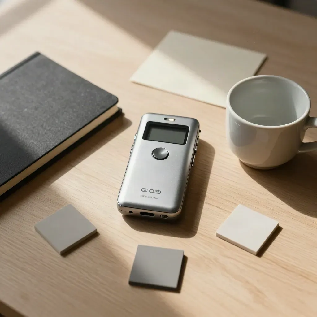 Registratore audio, taccuino chiuso, chip colore e tazza su legno chiaro.