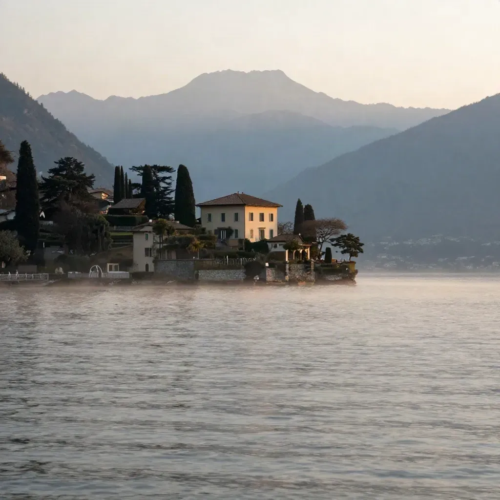 Villa sul lago di Como all’alba, montagne sfumate e nebbia che sale dall’acqua calma