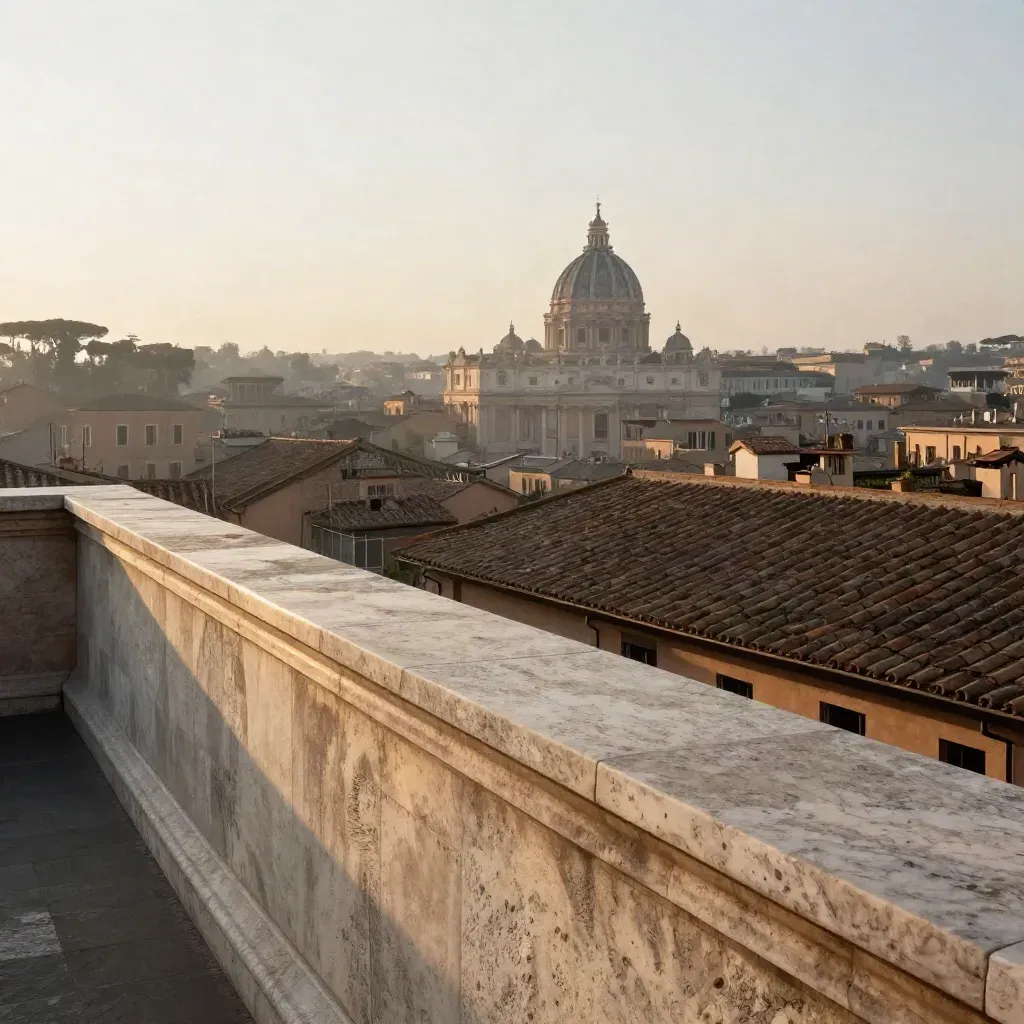Roma all’ora d’oro con cupola distante e piazza quasi vuota, luce calda sui tetti
